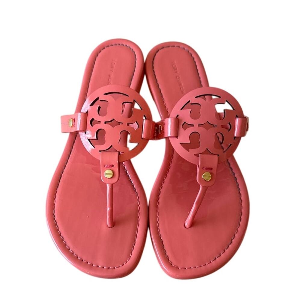 Tory Burch Miller Sandals Coral Pink Patent Leather 8.5 Logo